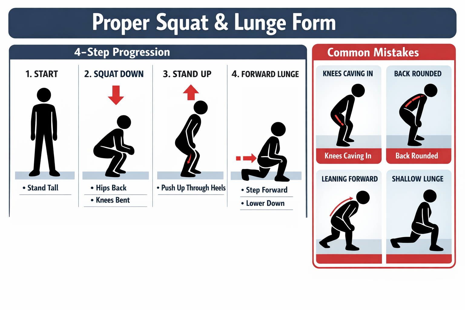 Step-by-step visual guide infographic for proper squat and lunge form, showing 4-stage progression with stick figures or