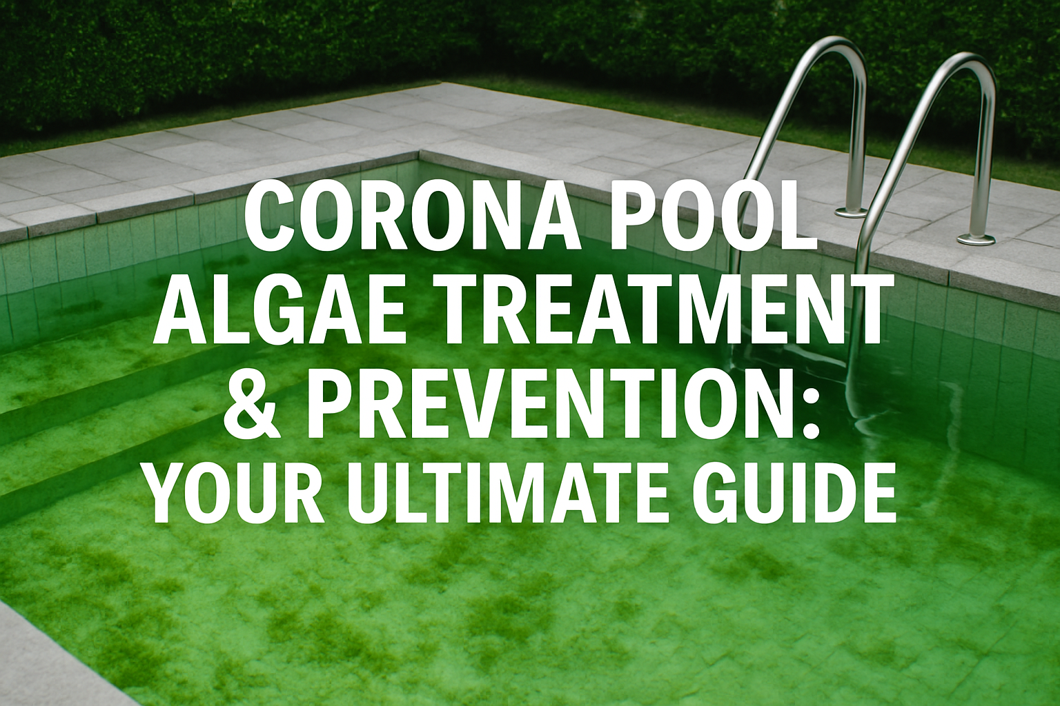 Professional landscape hero image (1536x1024) with bold text overlay: "Corona Pool Algae Treatment & Prevention: Your Ultimate Guide". Moder
