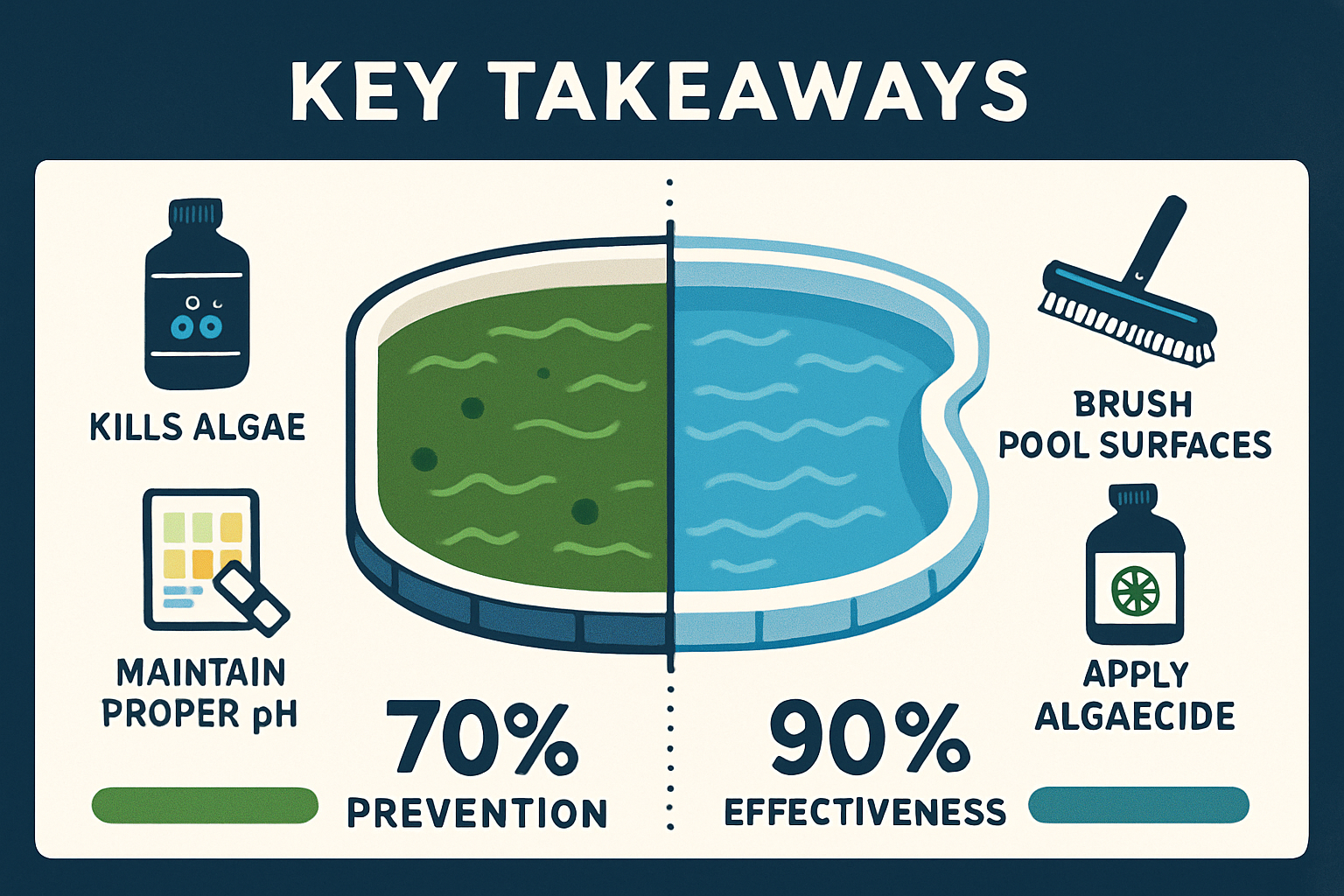 Infographic-style visual for 'Key Takeaways' section featuring a clean, professional layout with 4-5 key icons representing pool algae treat