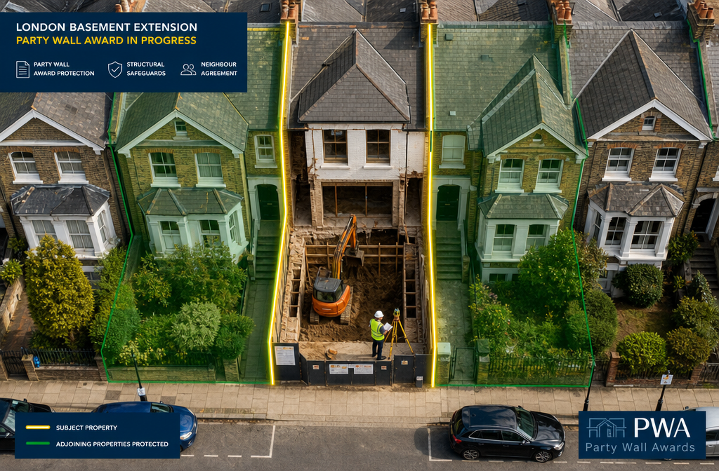 () overhead aerial perspective of a London terraced street showing boundary lines between properties with glowing yellow