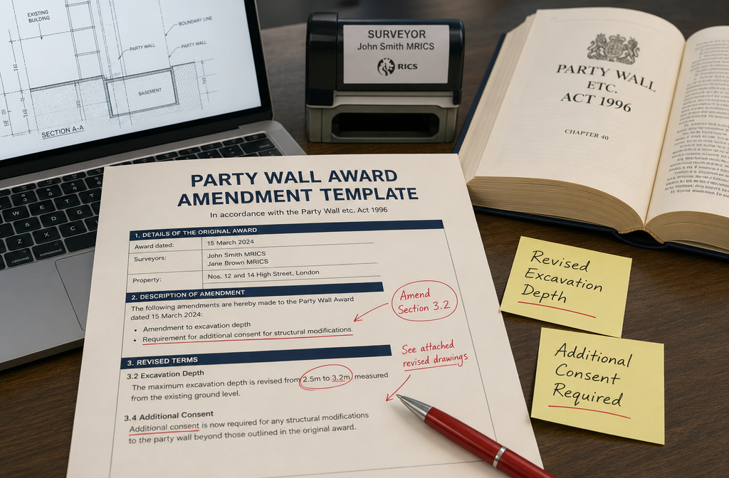 () close-up desk scene showing a party wall award amendment template document with red pen annotations, sticky notes marked
