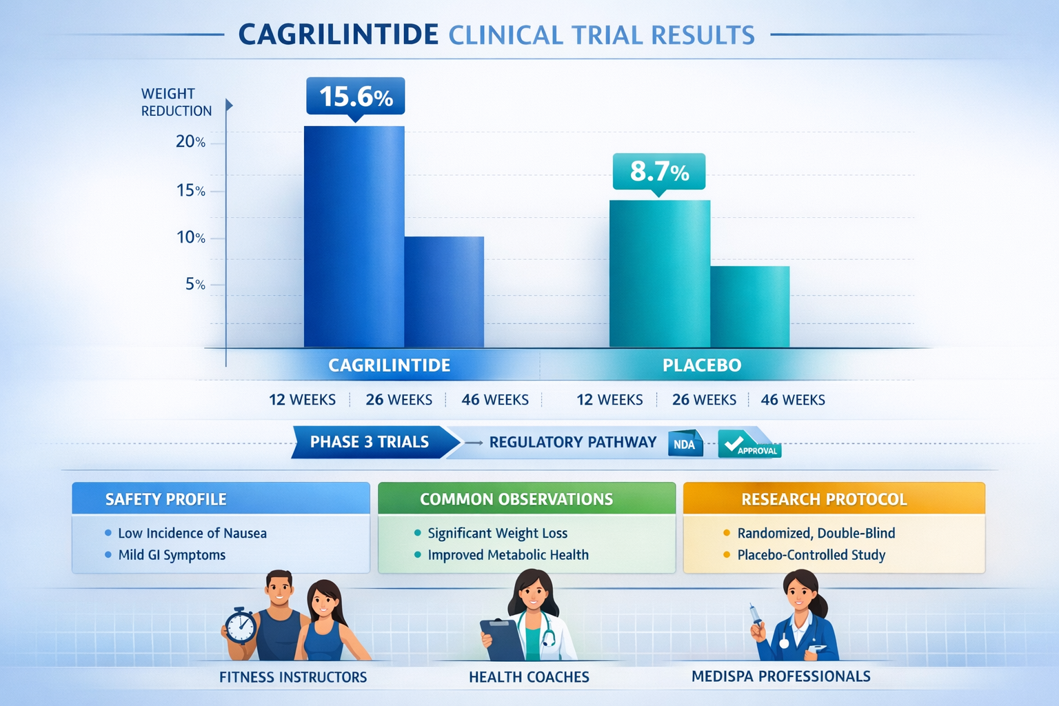 Professional comparison chart infographic (1536x1024) displaying clinical trial data for cagrilintide research. Main visual: side-by-side ba