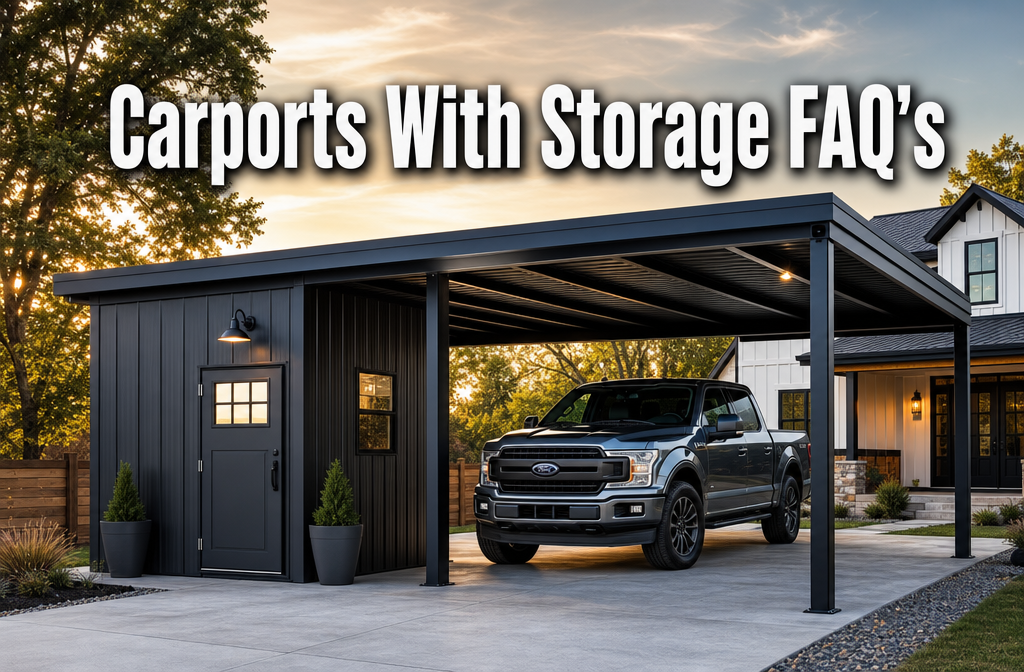 Professional () hero image with : 'Carports With Storage FAQ's' in extra large white with dark drop , centered in upper