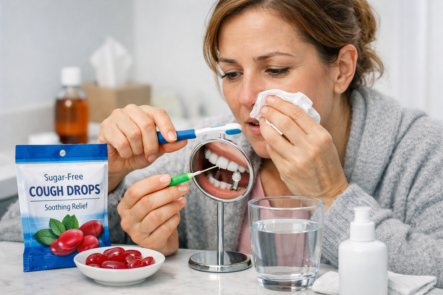 Landscape format (1536x1024) image illustrating a person diligently performing oral hygiene with a soft toothbrush and interdental cleaner a