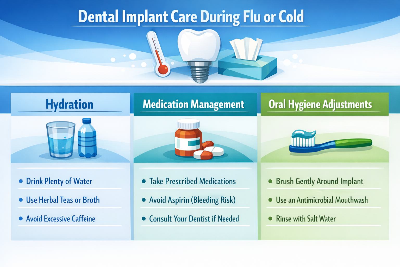 Landscape format (1536x1024) infographic detailing practical tips for dental implant care during flu or cold, visually separated into sectio