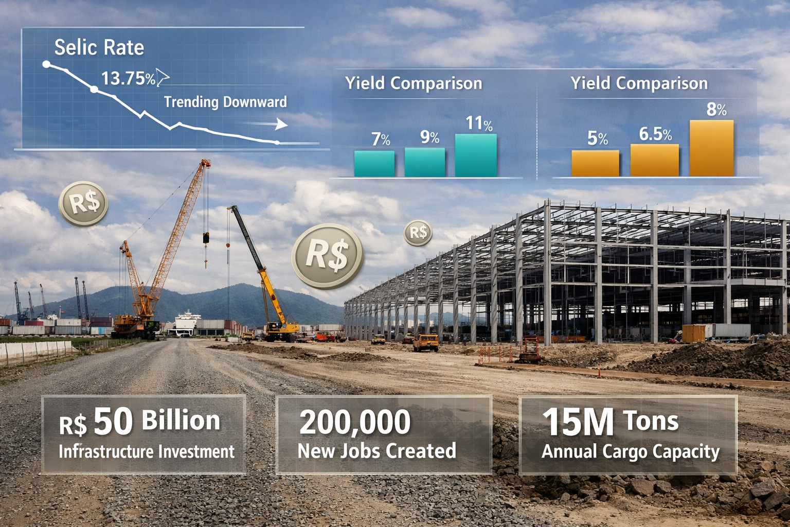 Wide-angle ground-level photograph of a modern Brazilian industrial park under construction near Santos port, showing