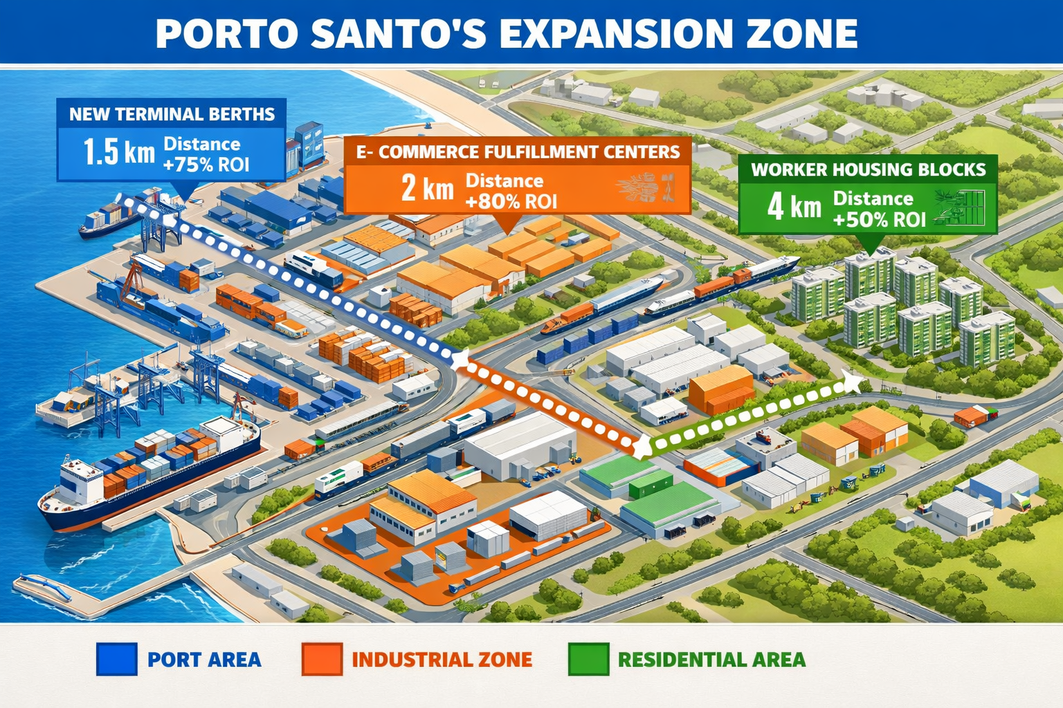Aerial isometric illustration of Porto Santos expansion zone showing new terminal berths, multimodal rail connections,