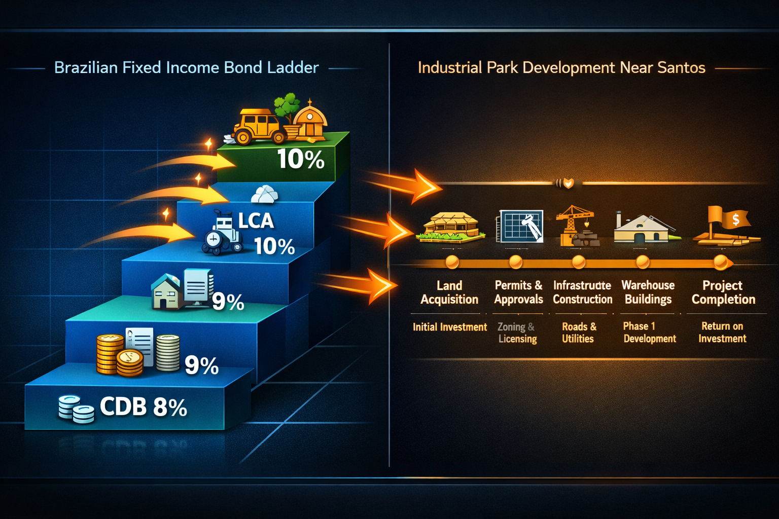 Split-composition financial strategy dashboard image showing on left side a Brazilian fixed-income bond ladder diagram with