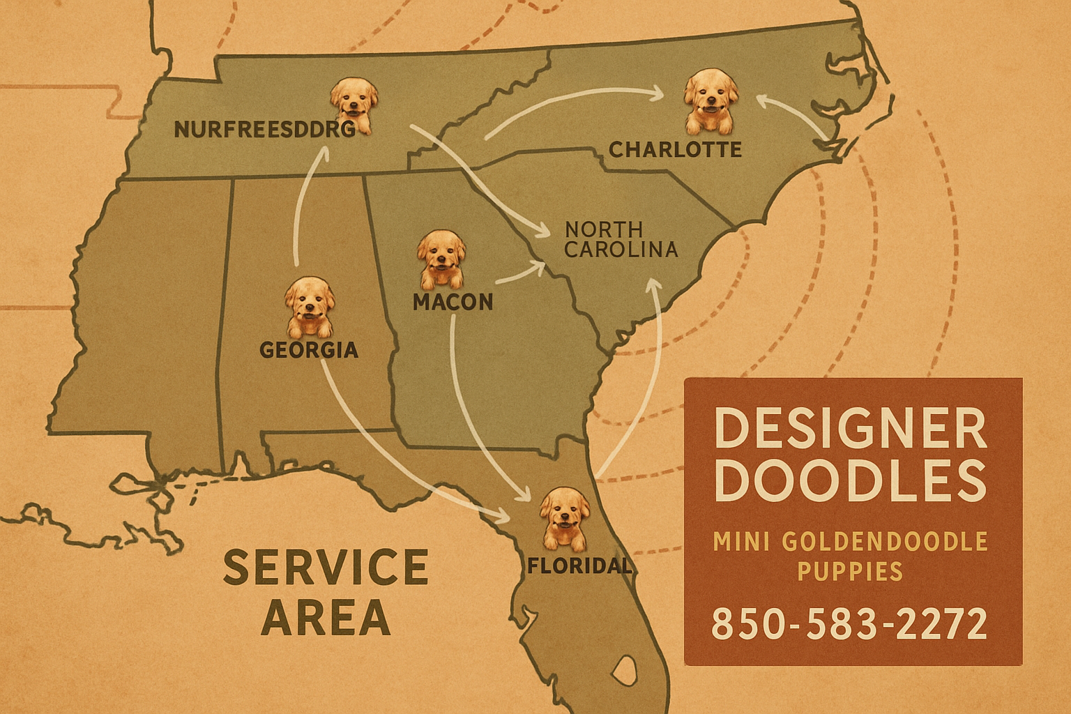 Geographic map of southeastern United States highlighting Florida, Georgia, North Carolina, and Tennessee with Designer Doodles service area