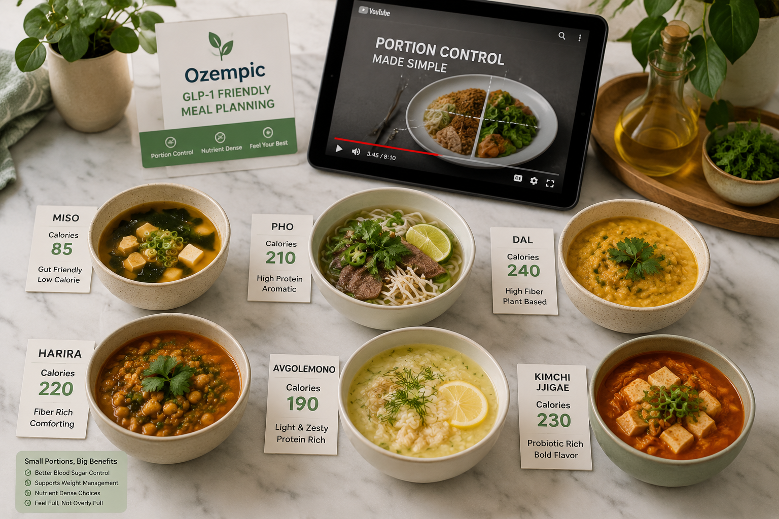 Professional () editorial food photography showing a side-by-side comparison of six international low-calorie bowls and