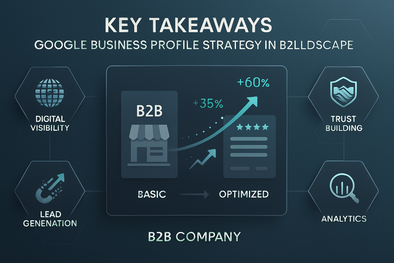 Key takeaways visualization for Google Business Profile strategy in B2B landscape, featuring a modern minimalist dashboard with interconnect