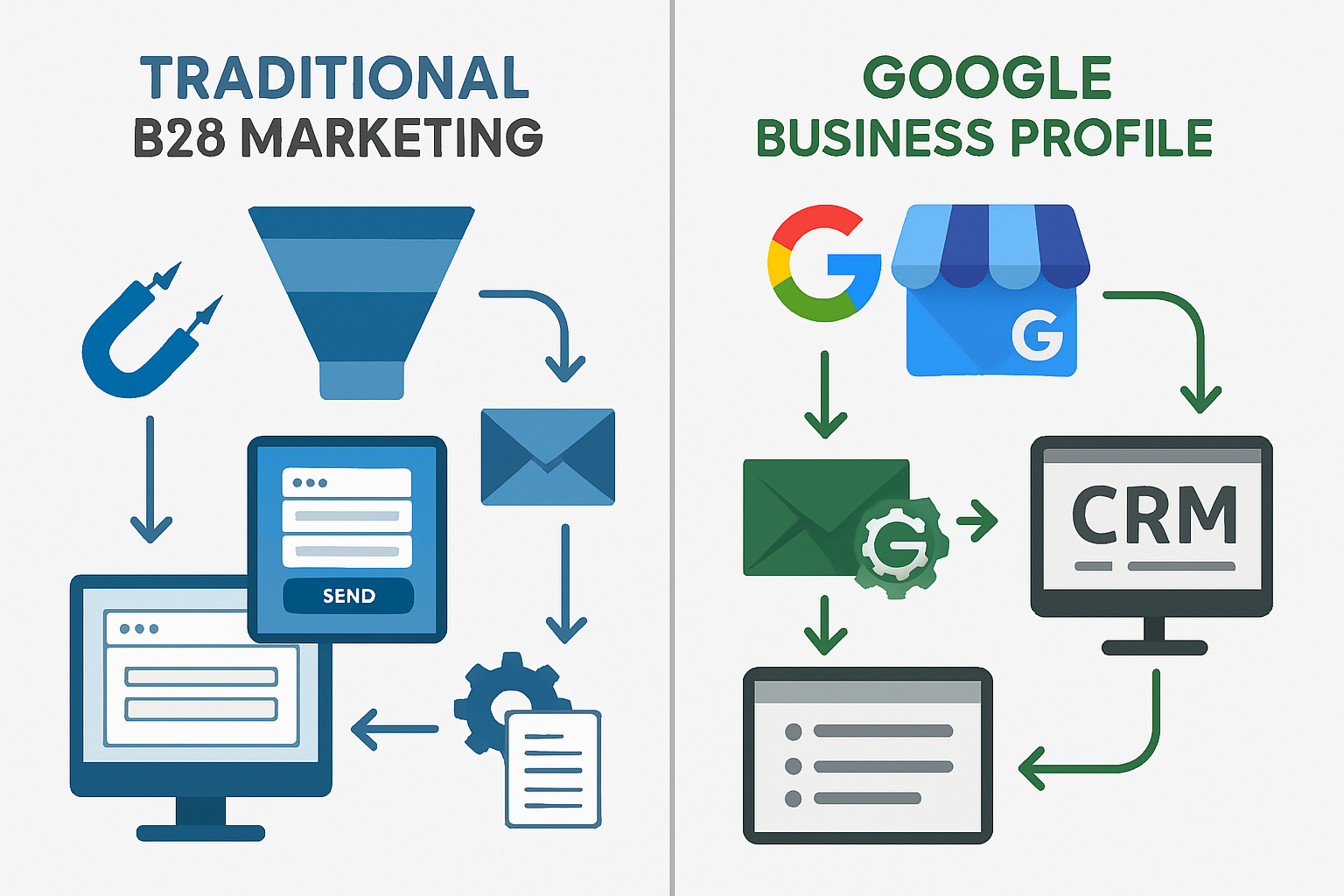 Split-screen comparison showing traditional B2B marketing funnel vs Google Business Profile integrated lead capture system. Left side shows 
