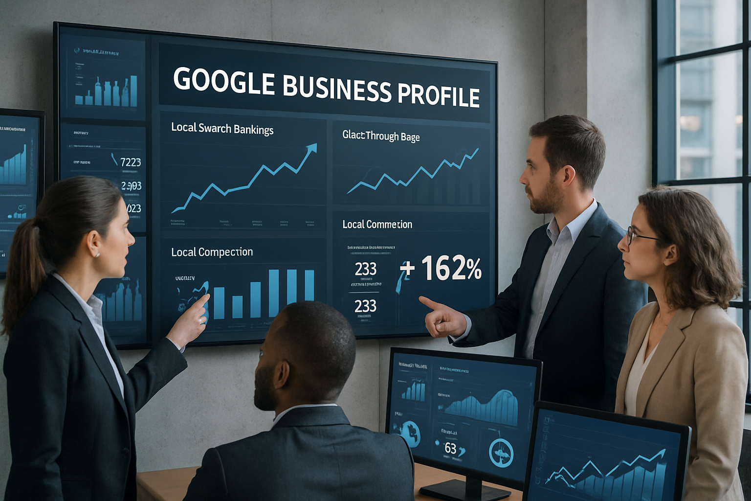 Modern office setting showing B2B marketing team analyzing Google Business Profile performance metrics on large wall-mounted dashboard. Mult