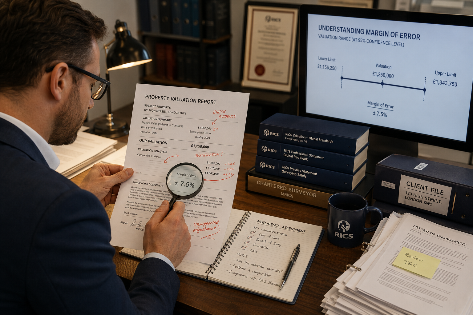 Detailed () showing a professional surveyor at a desk reviewing a property valuation report with red annotation marks, a