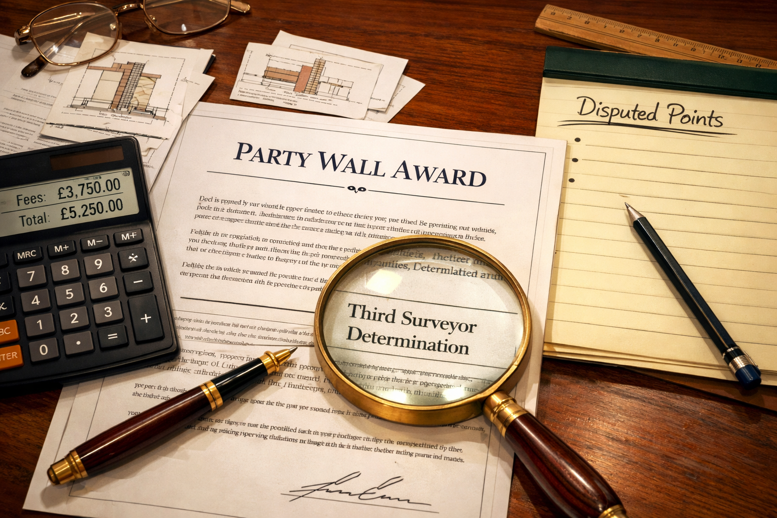 () close-up aerial-perspective scene of a surveyor's desk with a Party Wall Award document prominently displayed, a