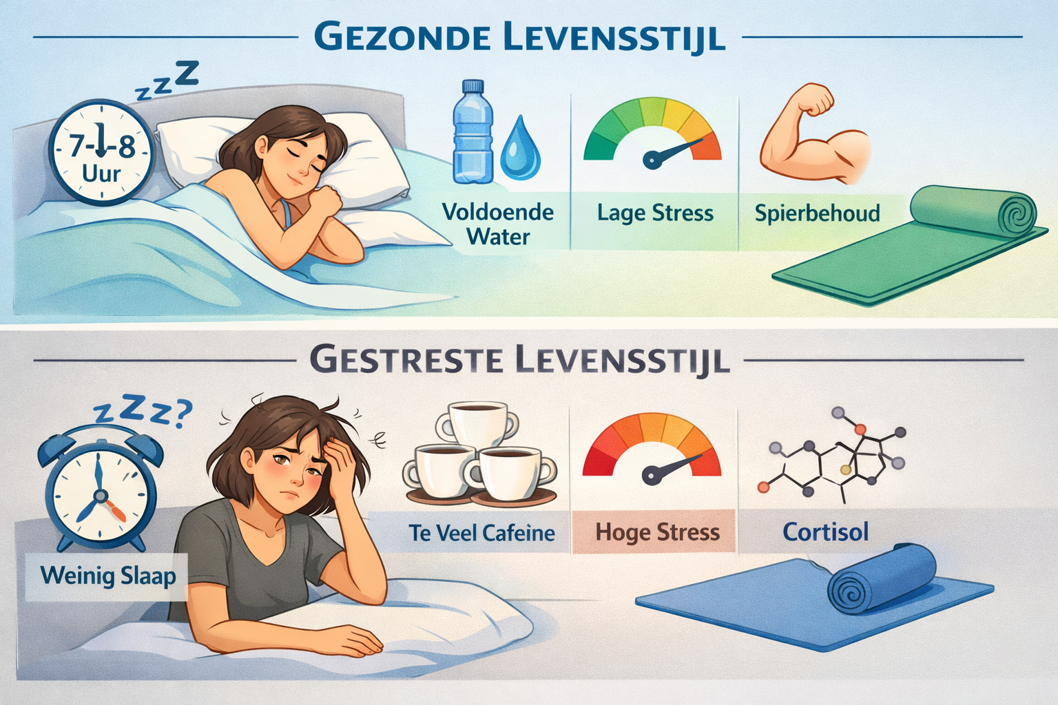 Conceptual split-screen illustration (1536x1024) comparing two lifestyle approaches. Top half shows peaceful bedroom scene with person sleep