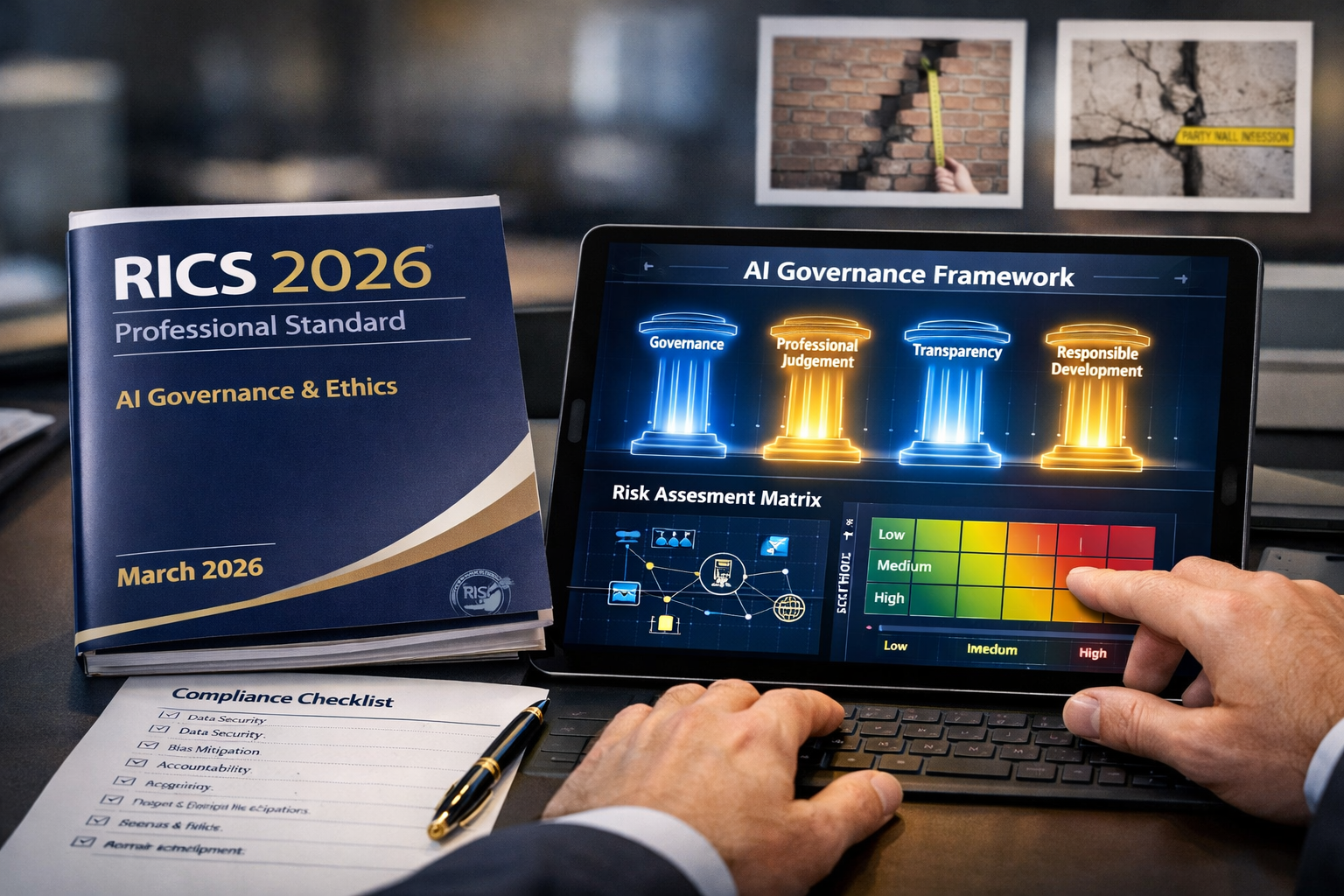 Detailed () image showing close-up of RICS 2026 professional standard document on modern desk with digital tablet displaying