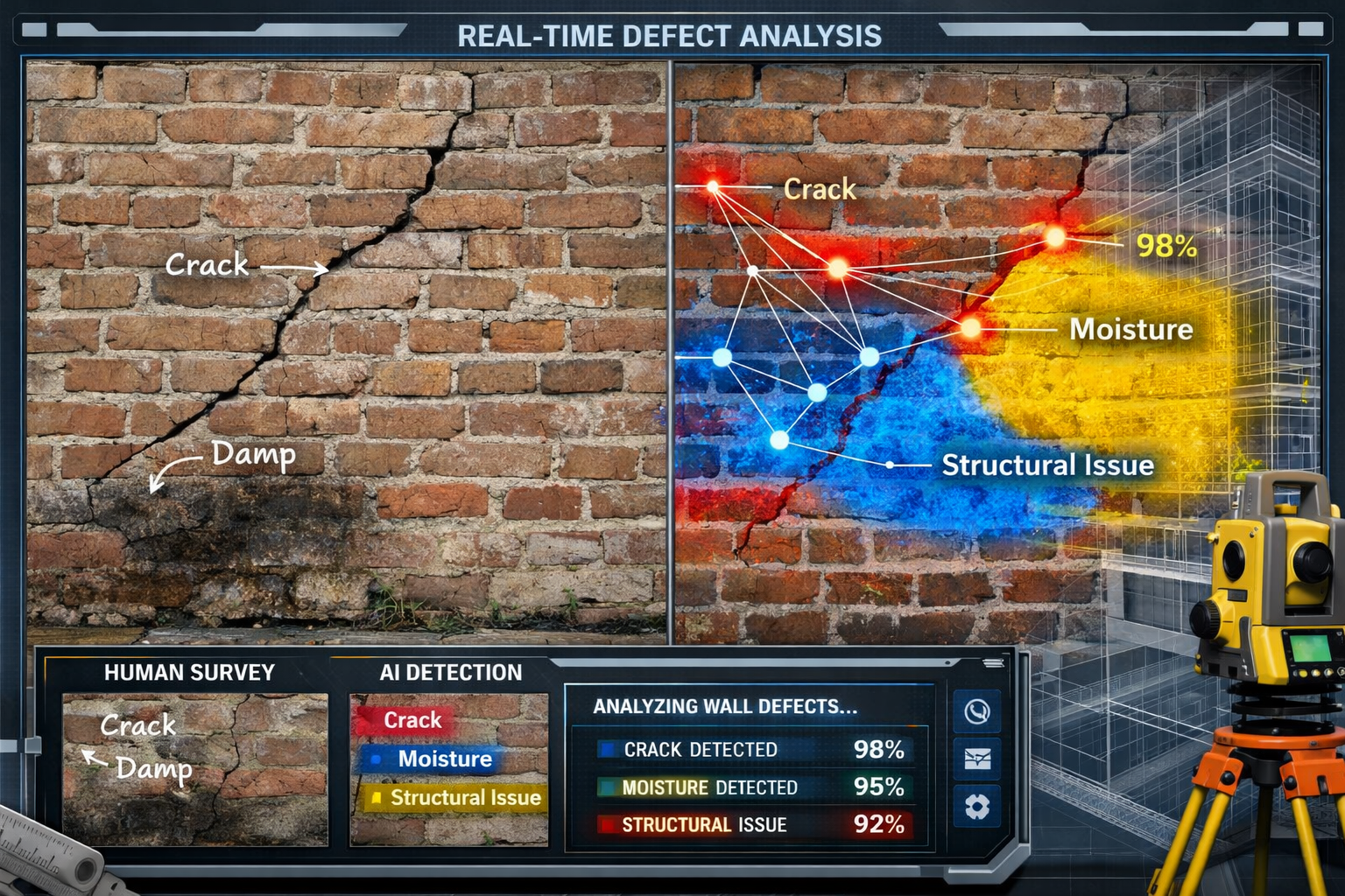 Detailed () technical illustration showing AI computer vision system analyzing party wall defects in real-time, split-screen
