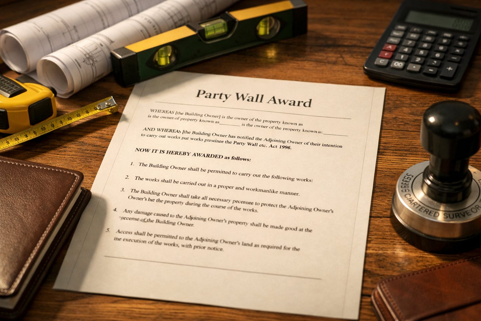 Detailed () professional photograph of party wall award document on wooden desk with surveyor's tools including measuring