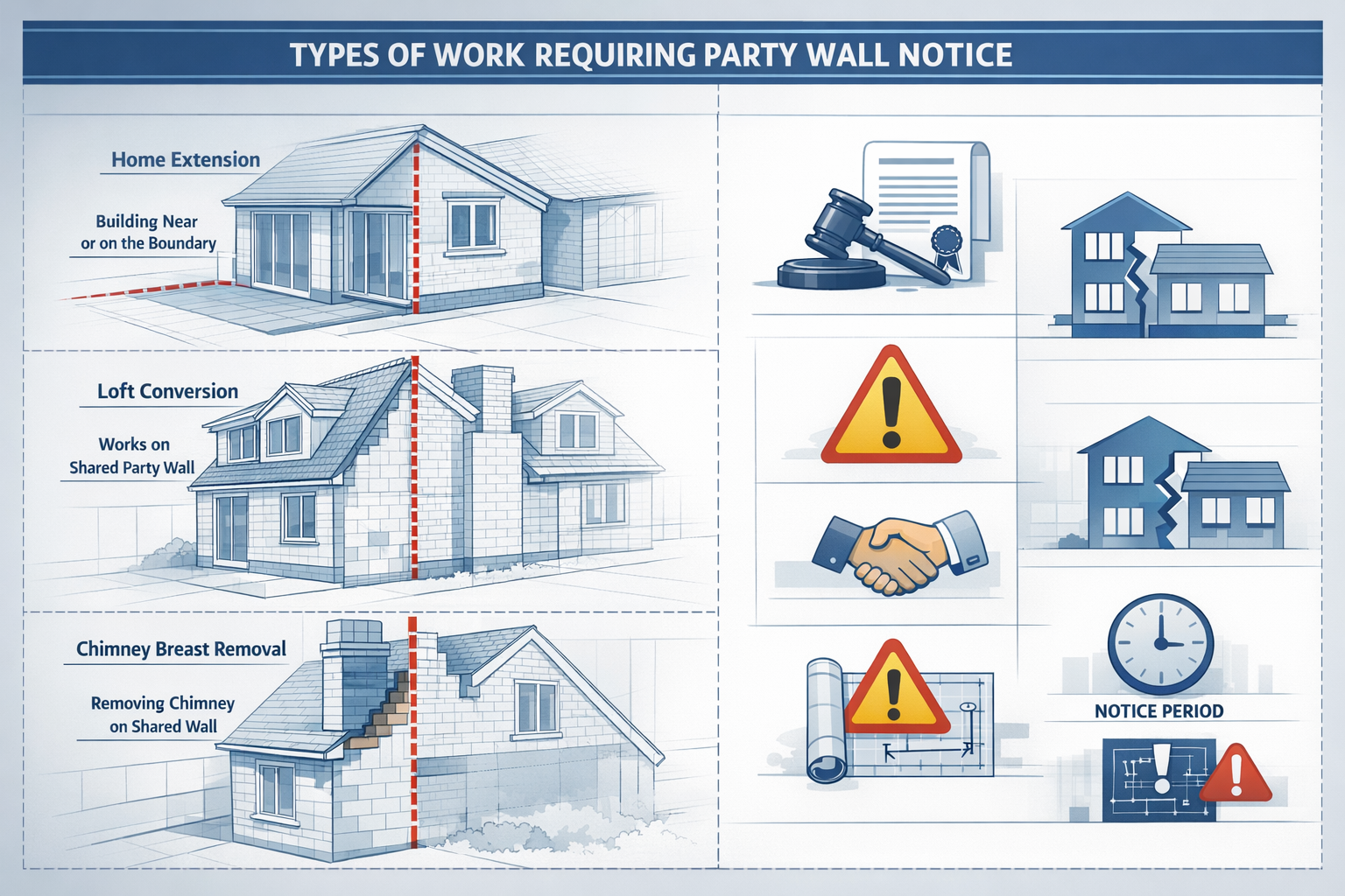 Split-screen editorial infographic illustrating 'Types of Work Requiring Party Wall Notice' for 2026 homeowners. Left side