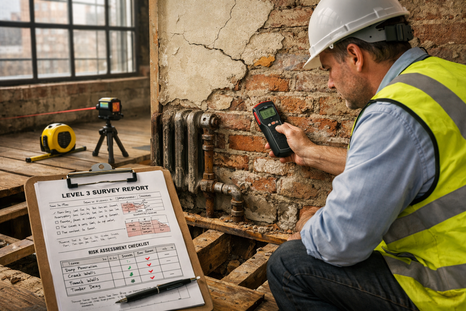 Detailed () image showing close-up of surveyor conducting Level 3 building survey inside converted London office space.