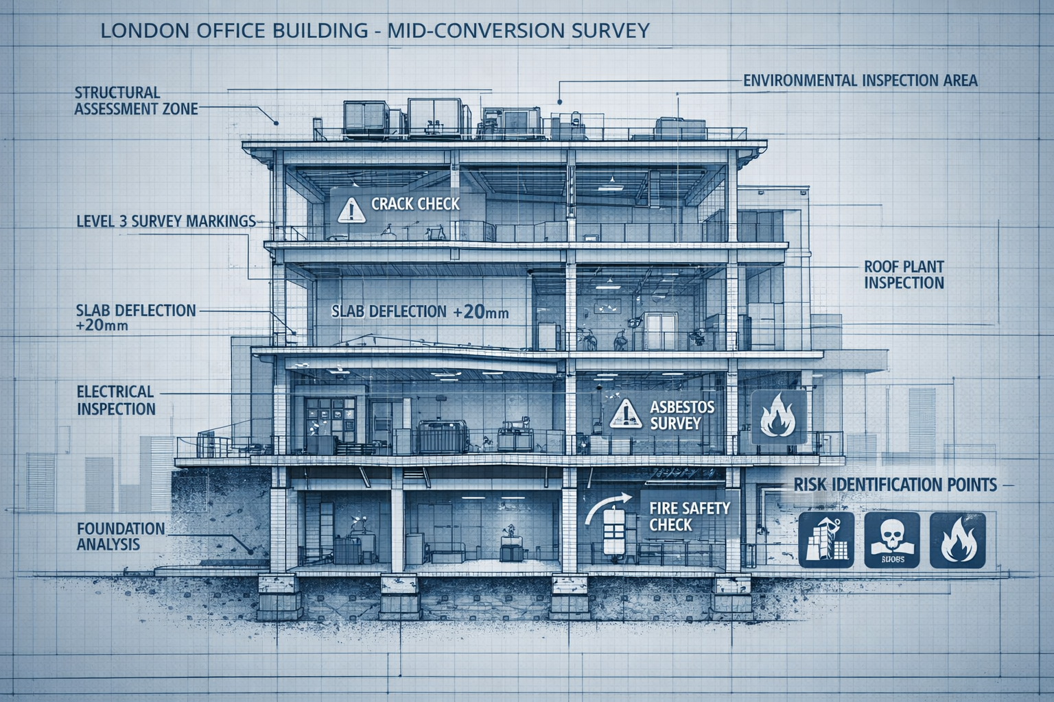 Detailed architectural cross-section diagram showcasing a London office building mid-conversion, with transparent layers