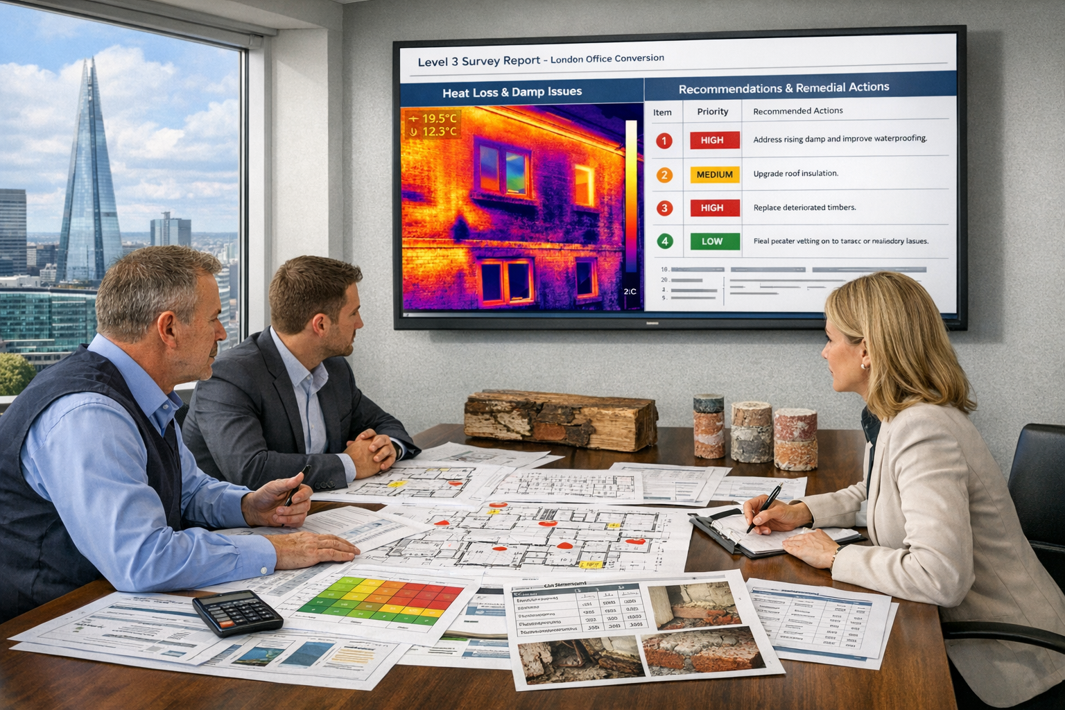 Detailed () image showing professional meeting scene in modern surveyor's office with large wall-mounted monitor displaying
