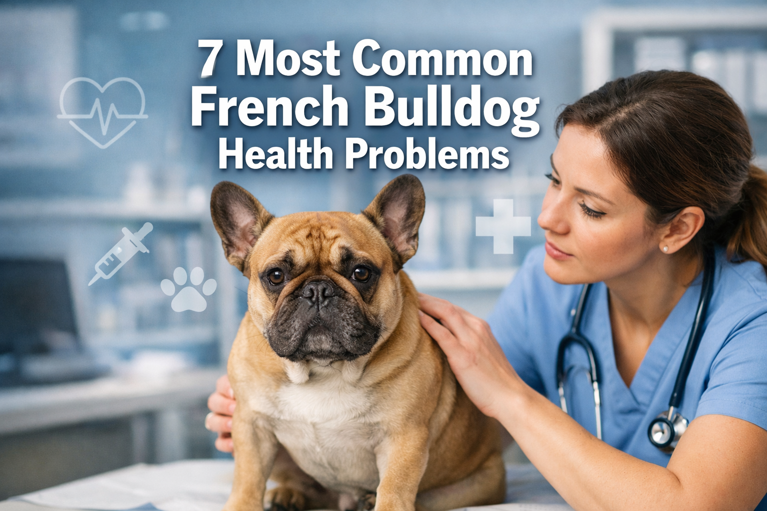 Professional landscape format (1536x1024) hero image featuring bold text overlay '7 Most Common French Bulldog Health Problems' in extra lar