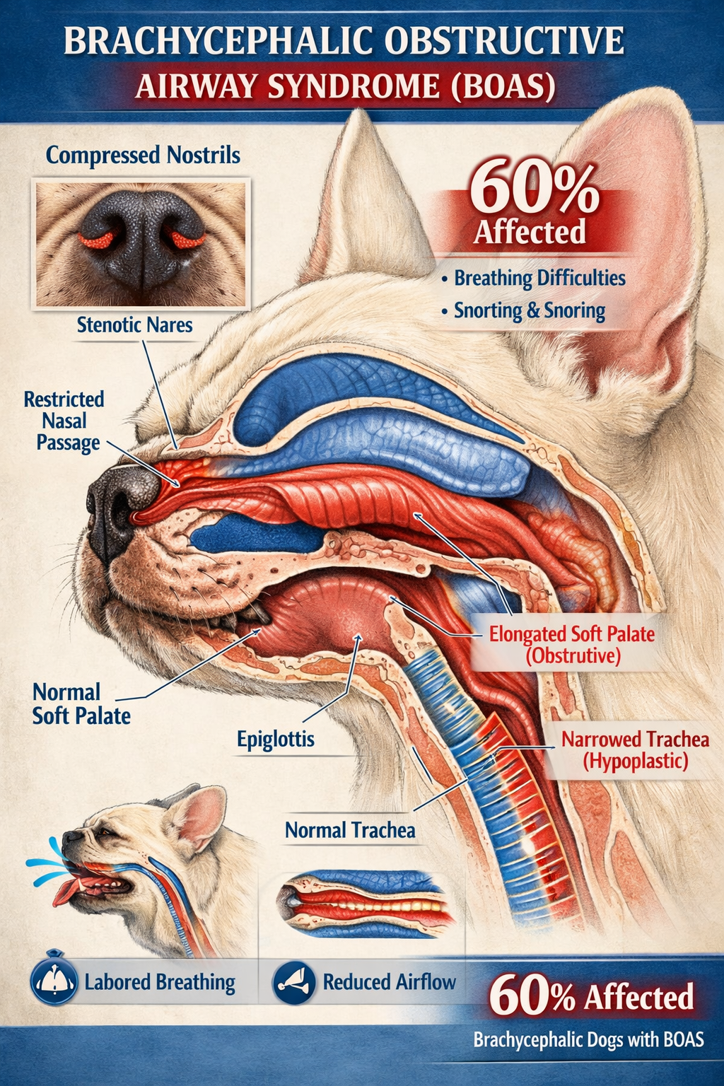 Portrait format (1024x1536) infographic showing French Bulldog respiratory system cross-section with labeled airways, highlighting BOAS (Bra