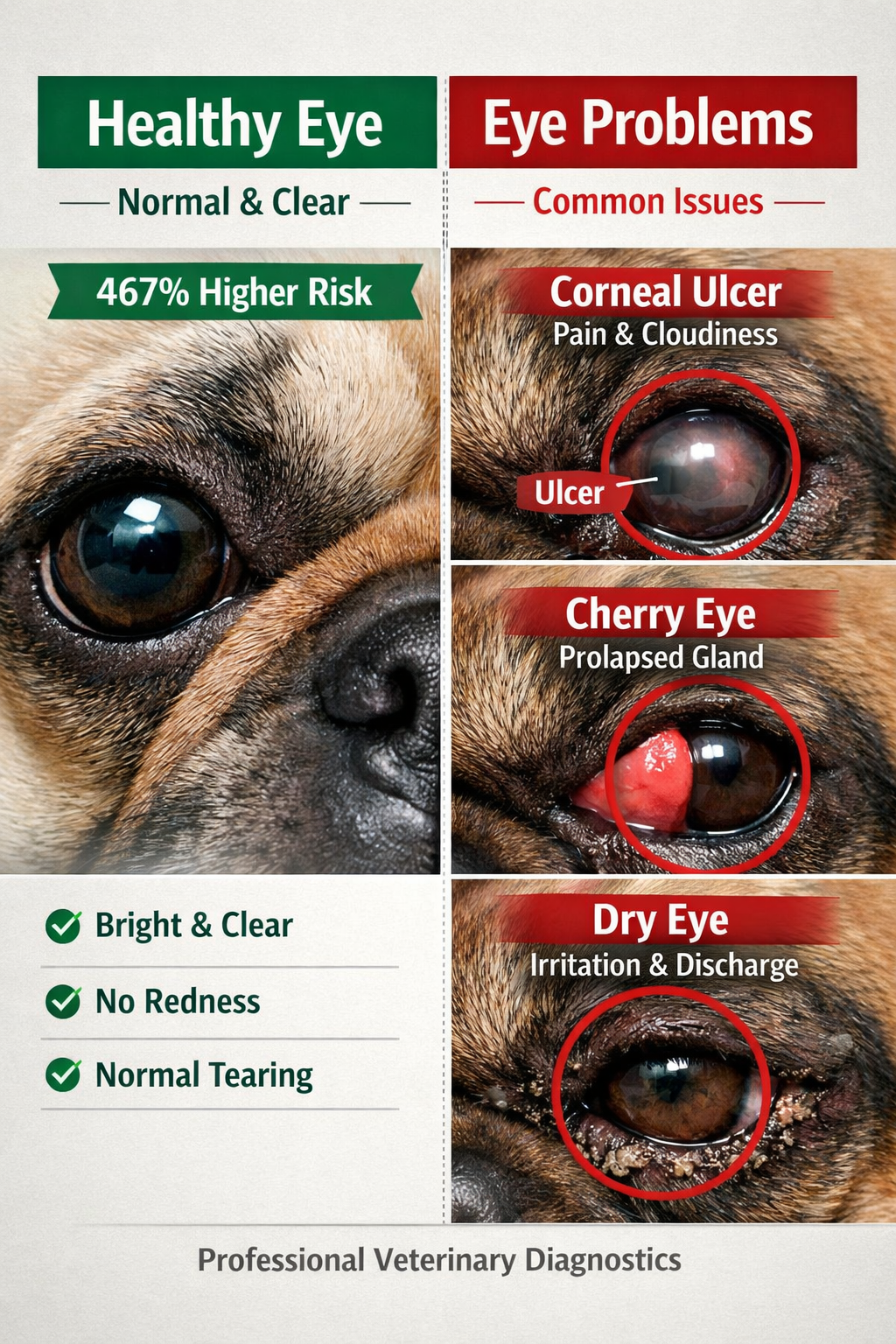 Portrait format (1024x1536) split-screen comparison showing healthy French Bulldog eye versus eye with common problems - corneal ulcer, cher