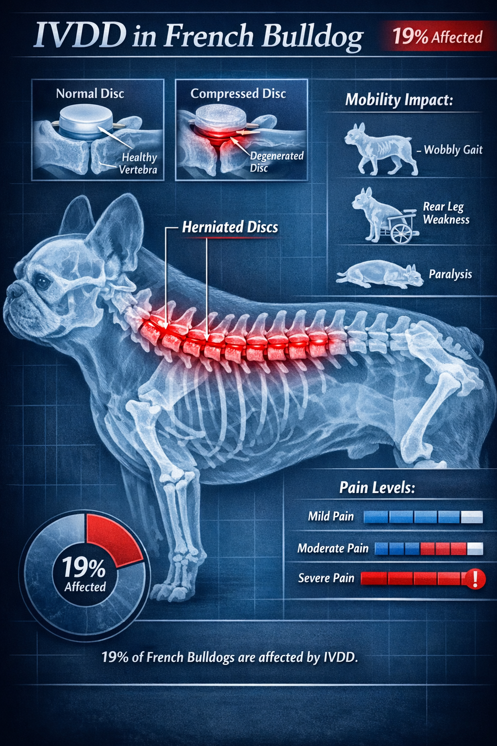 Portrait format (1024x1536) anatomical diagram of French Bulldog spine showing IVDD (Intervertebral Disc Disease) progression, herniated dis