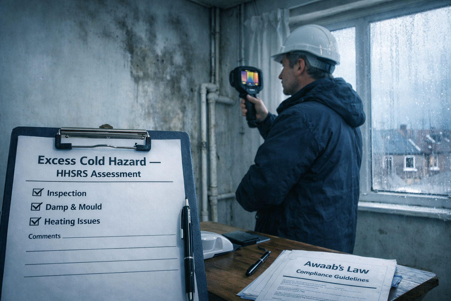 Wide-angle editorial photograph of a professional building surveyor using a thermal imaging camera inside a cold,