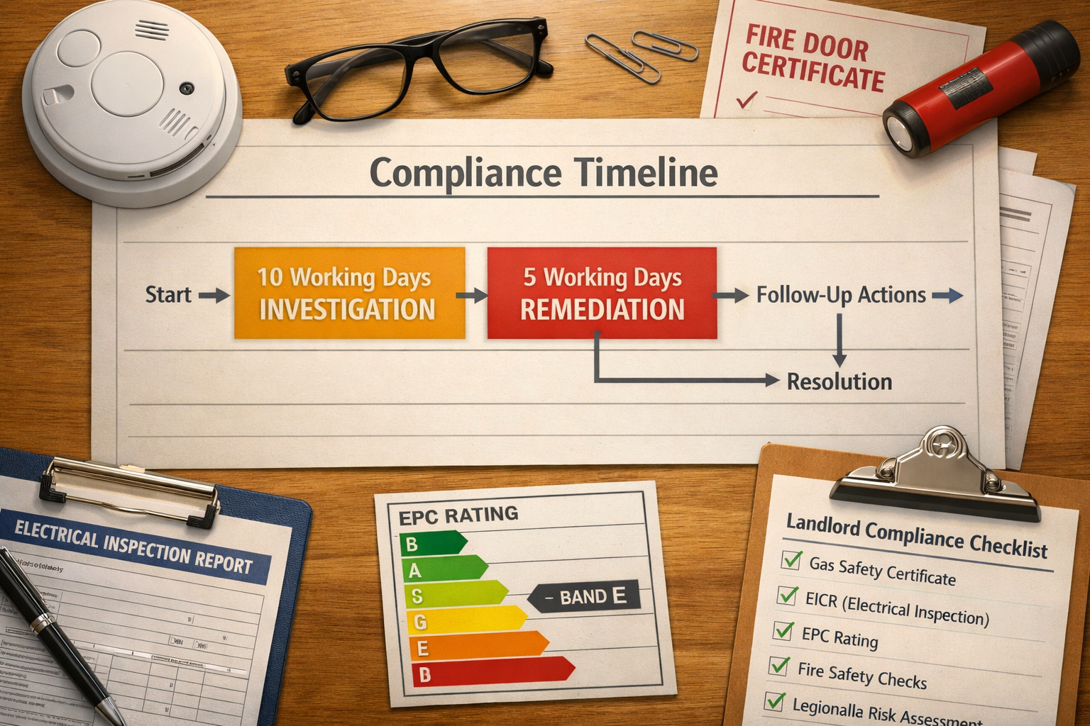 Flat-lay infographic-style editorial image showing a structured compliance timeline chart on a desk — '10 Working Days