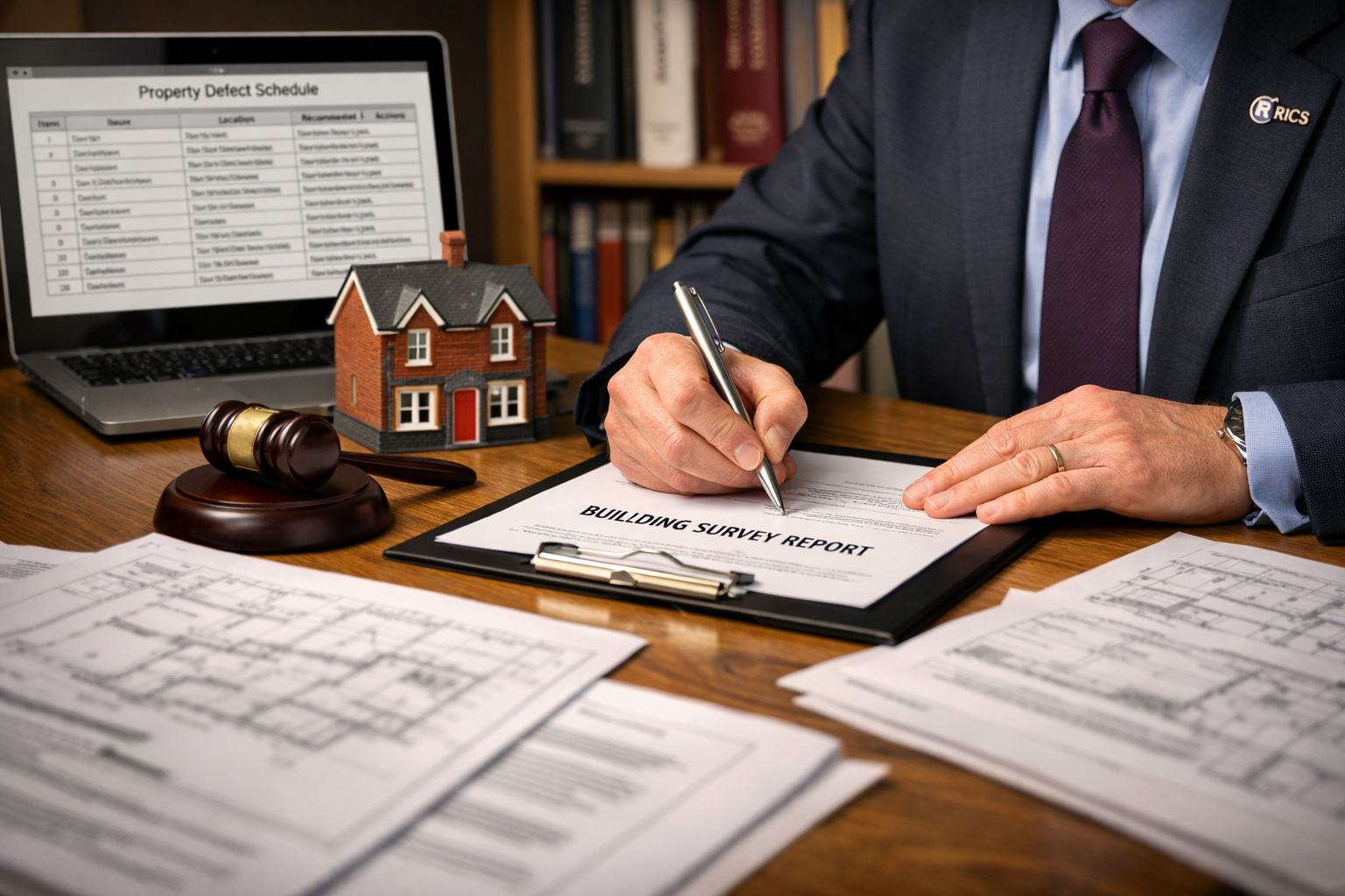 Close-up editorial photograph of a RICS-chartered surveyor writing a formal building survey report at a desk, structural