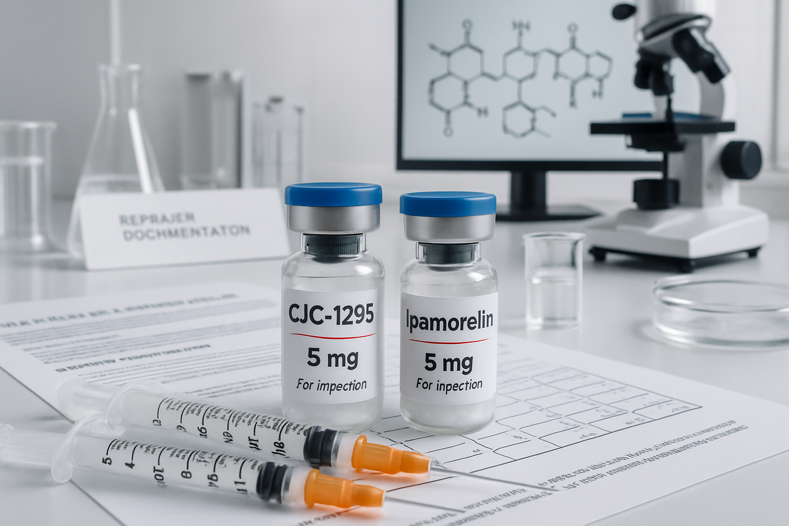 Scientific laboratory setting showing CJC-1295 and Ipamorelin peptide vials with precise dosing measurements, medical syringes with measurem
