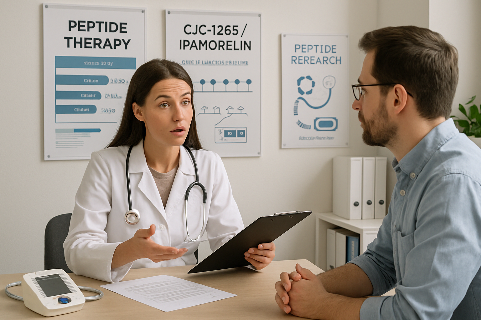 Professional medical consultation scene with healthcare provider explaining peptide therapy protocols, patient consultation room, medical ch