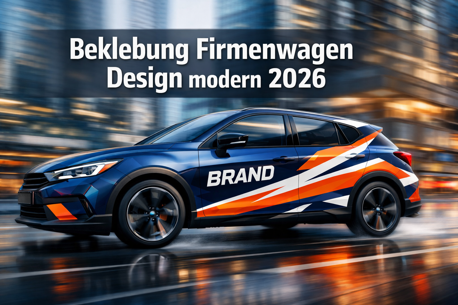 Professional landscape format (1536x1024) hero image featuring bold text overlay 'Beklebung Firmenwagen Design modern 2026' in extra large 7