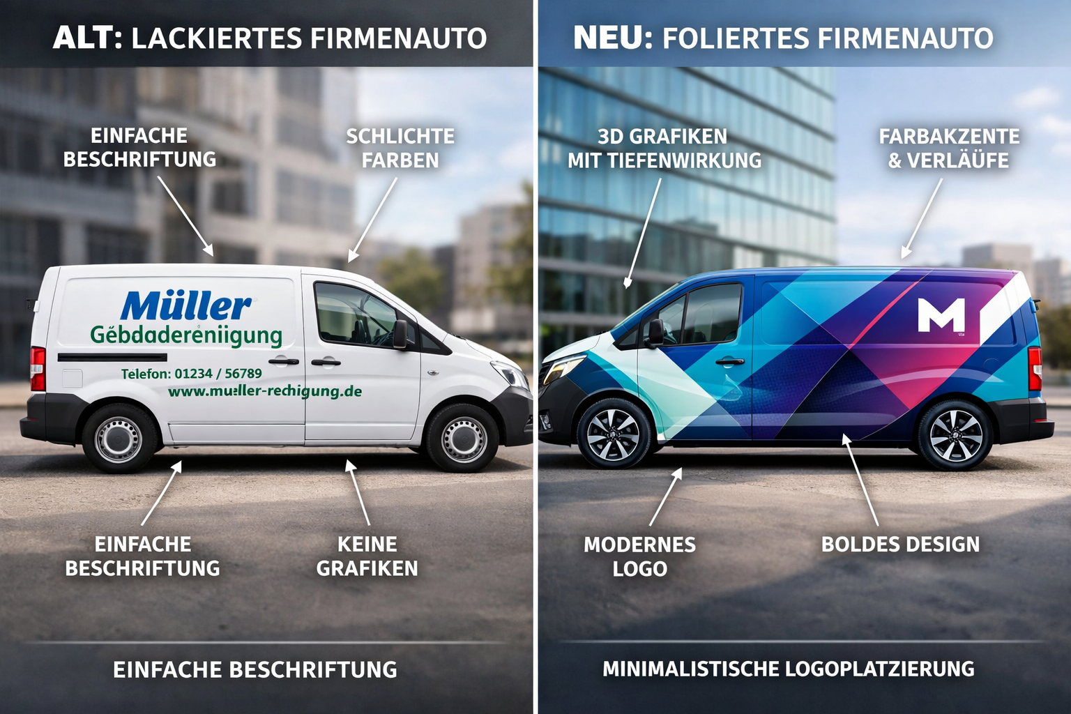 Landscape format (1536x1024) image showing side-by-side comparison of traditional painted company car versus modern vinyl-wrapped fleet vehi