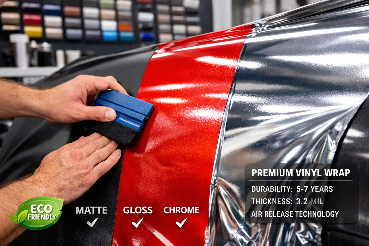 Landscape format (1536x1024) detailed close-up photograph of modern vinyl wrap material being applied to company vehicle surface, profession