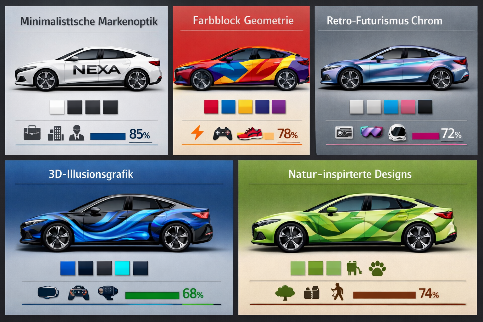 Landscape format (1536x1024) conceptual illustration showing five distinct modern vehicle wrap design styles for 2026: minimalist clean bran