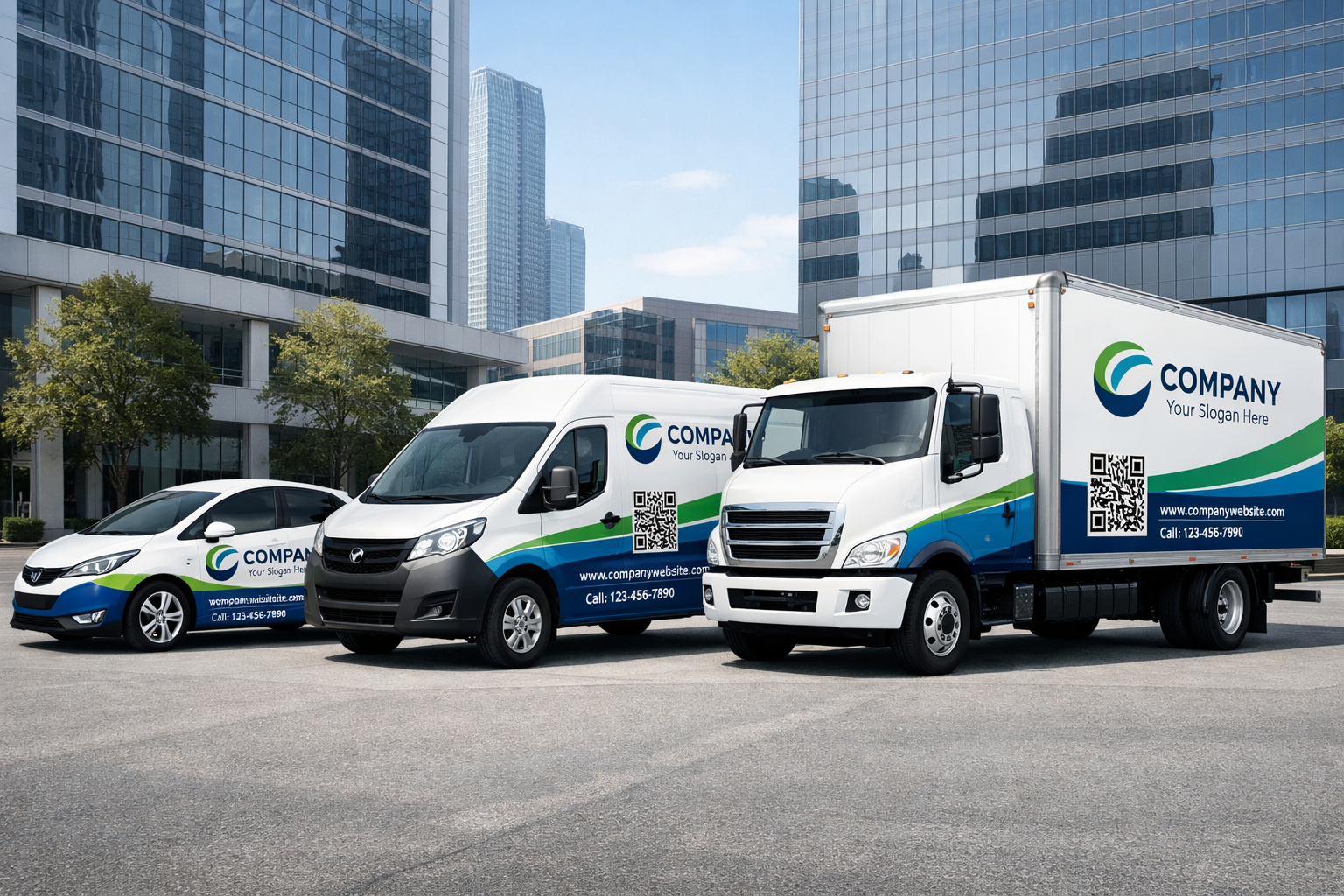 Landscape format (1536x1024) photograph of modern company fleet showcasing consistent brand identity across multiple vehicle types: compact