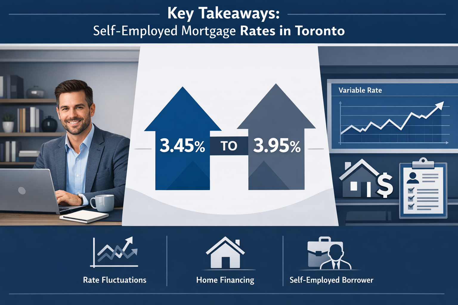 Key Takeaways section infographic for self-employed mortgage rates in Toronto: Split-screen visual with left side showing a