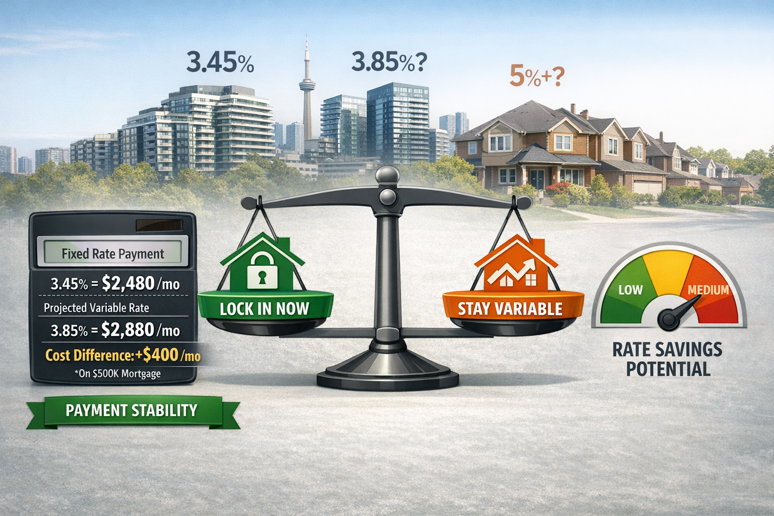() risk assessment visualization showing decision matrix for variable vs fixed rate mortgages. Central balance scale weighs