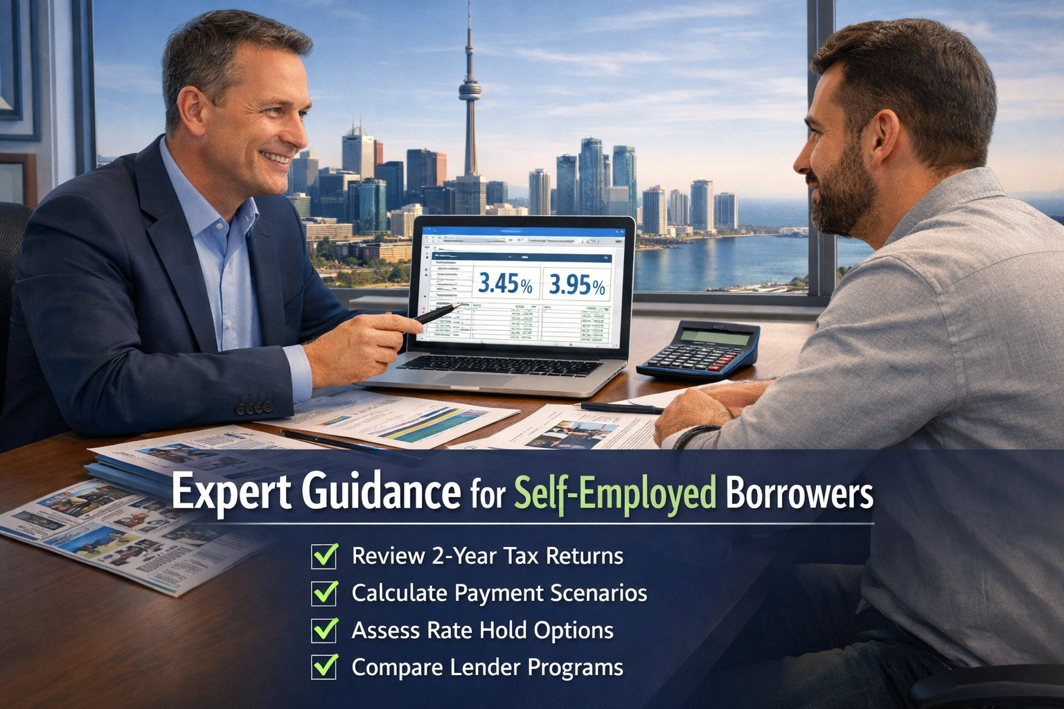() professional consultation scene showing mortgage broker meeting with self-employed client in modern Toronto office. Desk