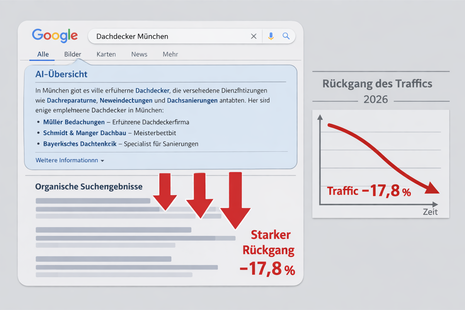 Querformat () Infografik zeigt Google-Suchergebnisseite mit hervorgehobener AI-Overview-Box am oberen Rand, darunter