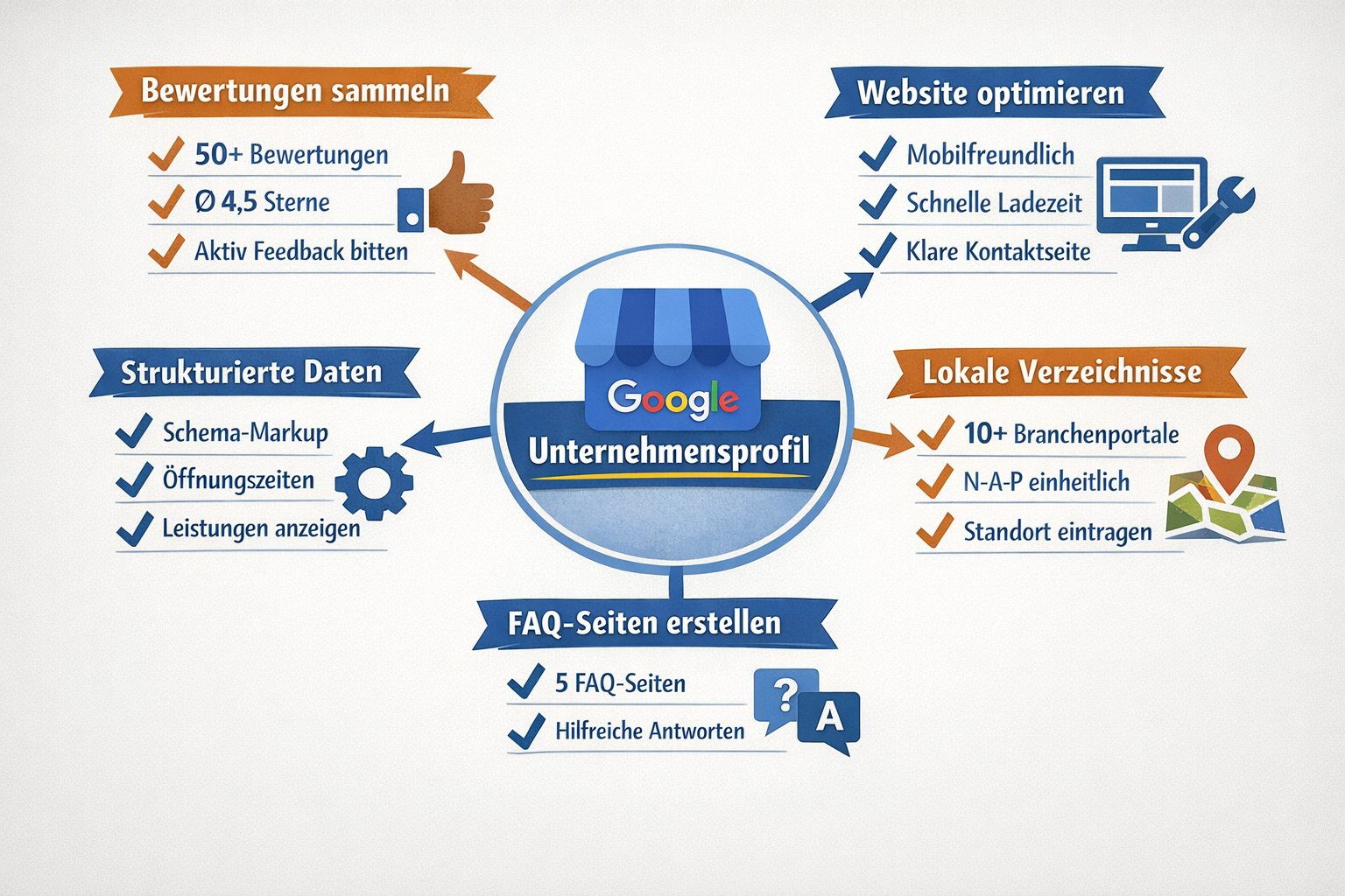 Querformat () Praxisnahe Checkliste als visuelles Flowchart für Handwerksbetriebe: Zentral steht Google