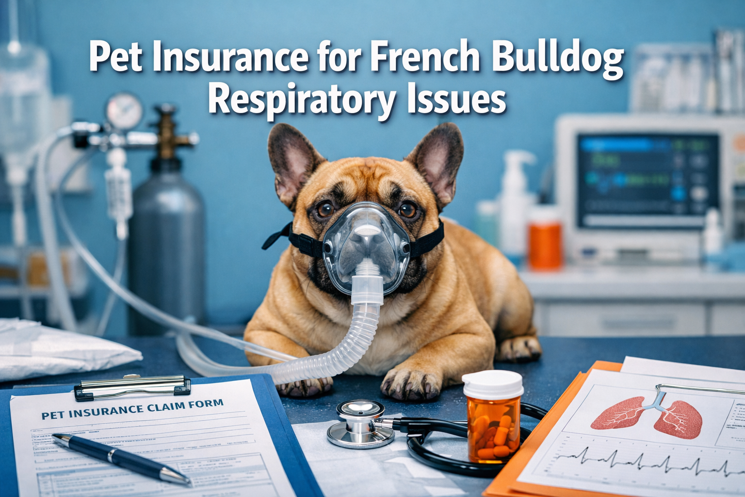 Professional landscape format (1536x1024) hero image featuring bold text overlay 'Pet Insurance for French Bulldog Respiratory Issues' in ex