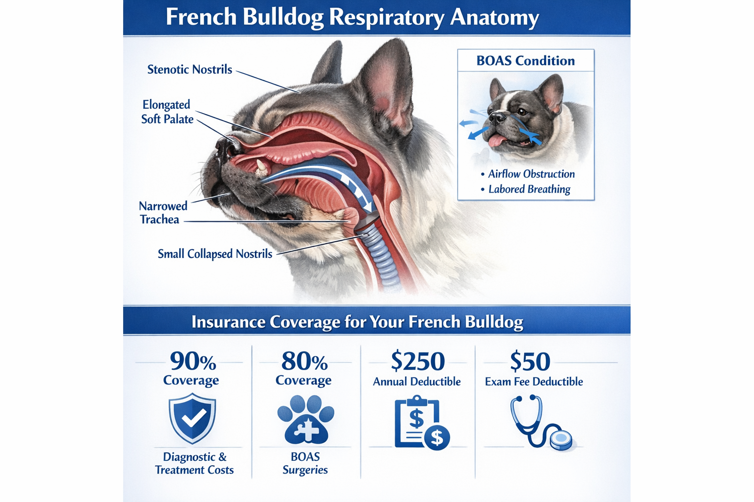 Portrait format (1024x1536) infographic showing French Bulldog respiratory anatomy with labeled airways, BOAS condition illustration, and in