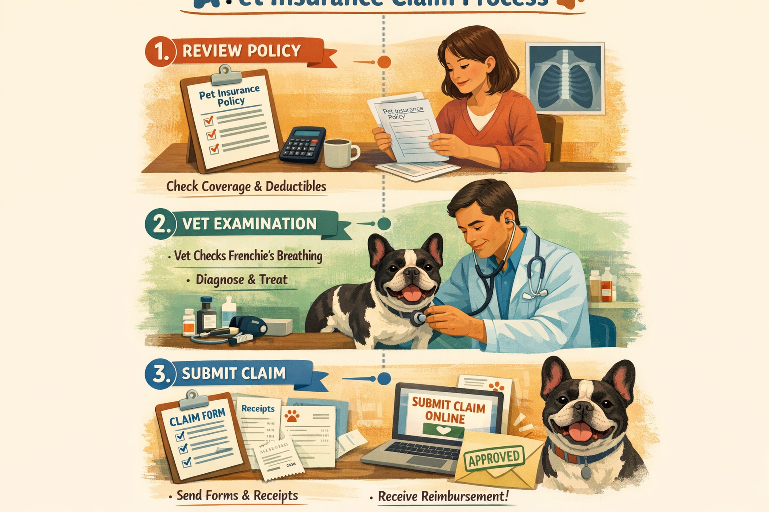 Portrait format (1024x1536) step-by-step visual guide showing French Bulldog owner reviewing insurance policy documents, veterinarian examin