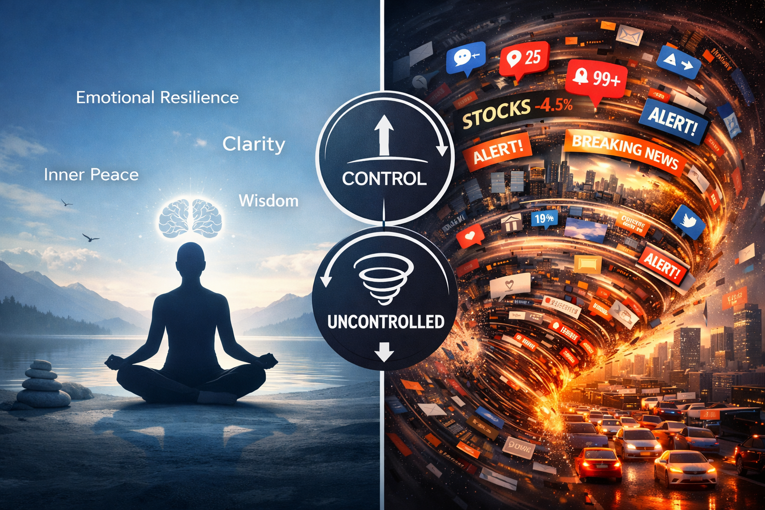 Stoicism in 2026: Ancient Wisdom for Modern Chaos 2 Do not write in Hindi on the images. Must write in English only. A detailed landscape format (1536x1024) image illustrating the contrast bet